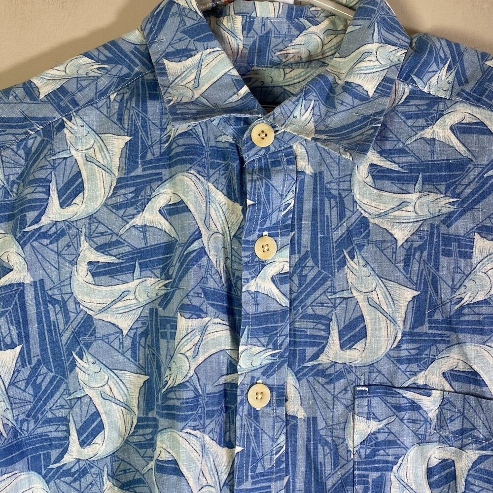 Vineyard Vines Shirt Mens Medium Blue Wheeler Linen Cotton Marlin Fish Print